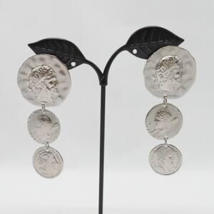 Greek Roman Coin Dangle Earrings Silver Tone Ancient Head Medallion Drop Vintage